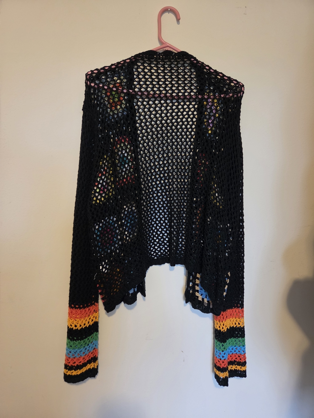 Black Crocheted Open-Front Women's Cardigan with Multicolor Accents - Picture 2 of 3